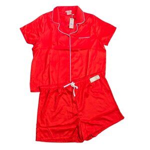 Short Sleeve Satin Pajama Set with Contrast Piping in Red